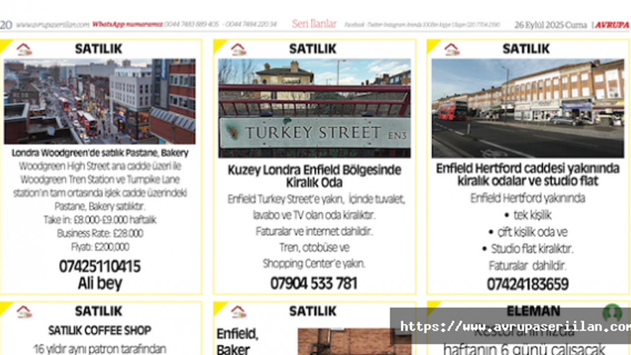 LONDRA'DA HER TÜRLÜ KİRALIK, SATILIK İLANLARINIZ İÇİN