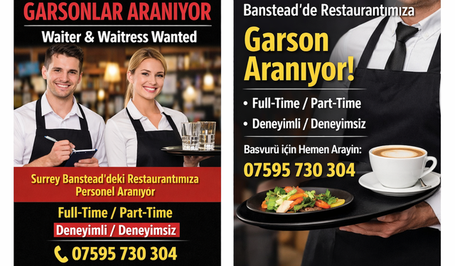 Banstead’te Restoran İçin Full-Time ve Part-Time Garson Aranıyor