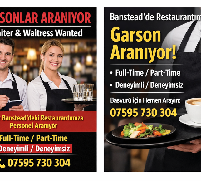 Banstead’te Restoran İçin Full-Time ve Part-Time Garson Aranıyor