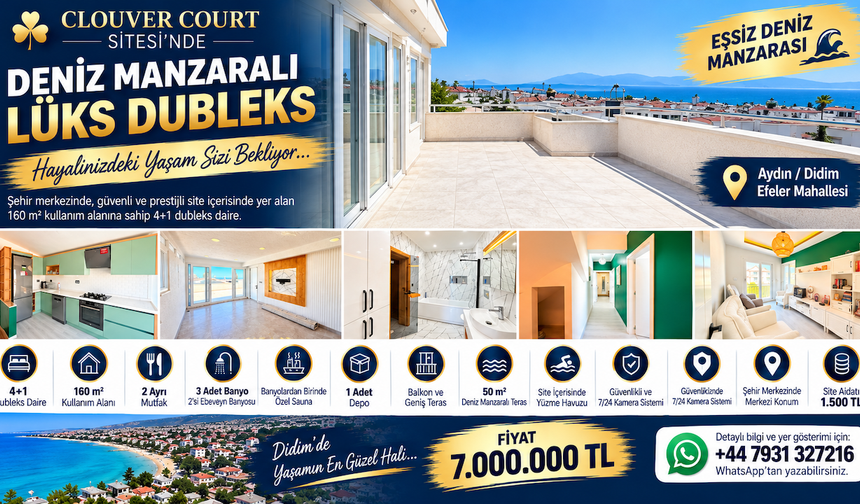 Didim Efeler Clouver Court Sitesi’nde Deniz Manzaralı 4+1 Lüks Dubleks